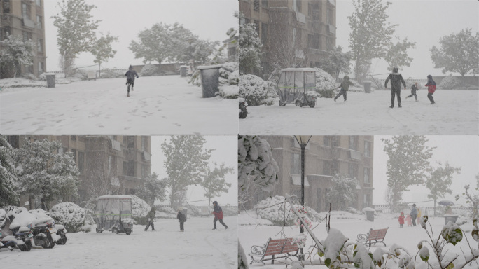 4k实时拍摄，大雪中嬉戏奔跑玩耍的人们。