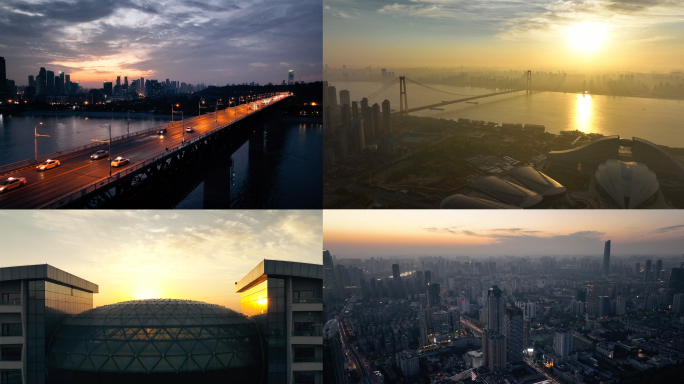 4k武汉风景航拍朝阳夕阳夜景灯光秀