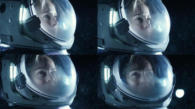在太空中戴着头盔的女宇航员的肖像