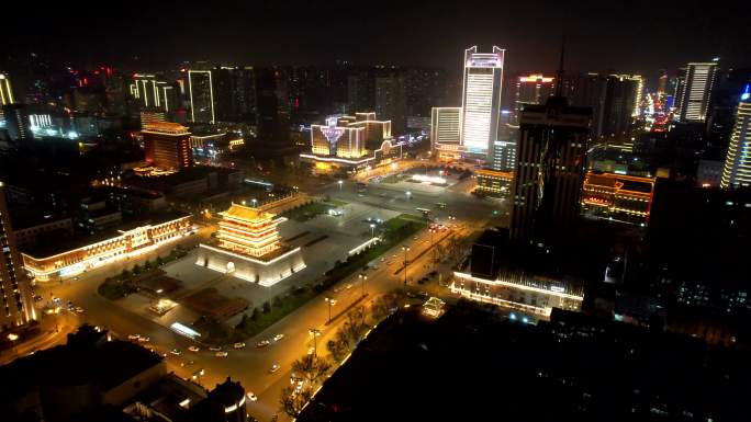 航拍山西太原五一广场首义门夜景