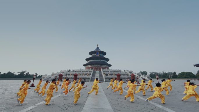 在天坛祈年殿表演武术的孩子