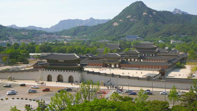 韩国首尔京畿宫和蓝屋的空中拍摄