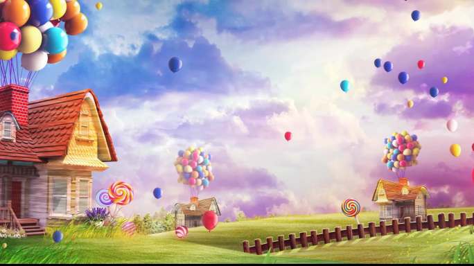 梦幻 唯美 童话 房子 气球 云朵 糖果