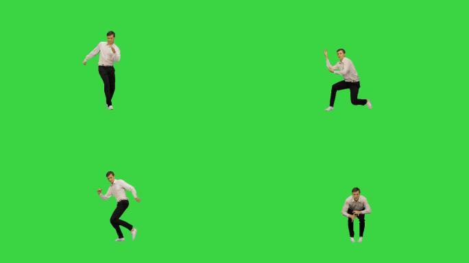 男人在绿色屏幕上独自跳起霹雳舞