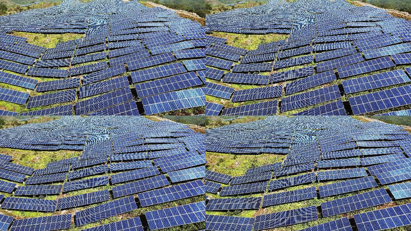 航拍山上光伏太阳能电池板