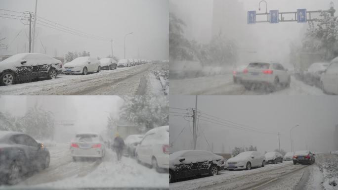 4k拍摄雪中在积雪路面行驶的车辆，实时。