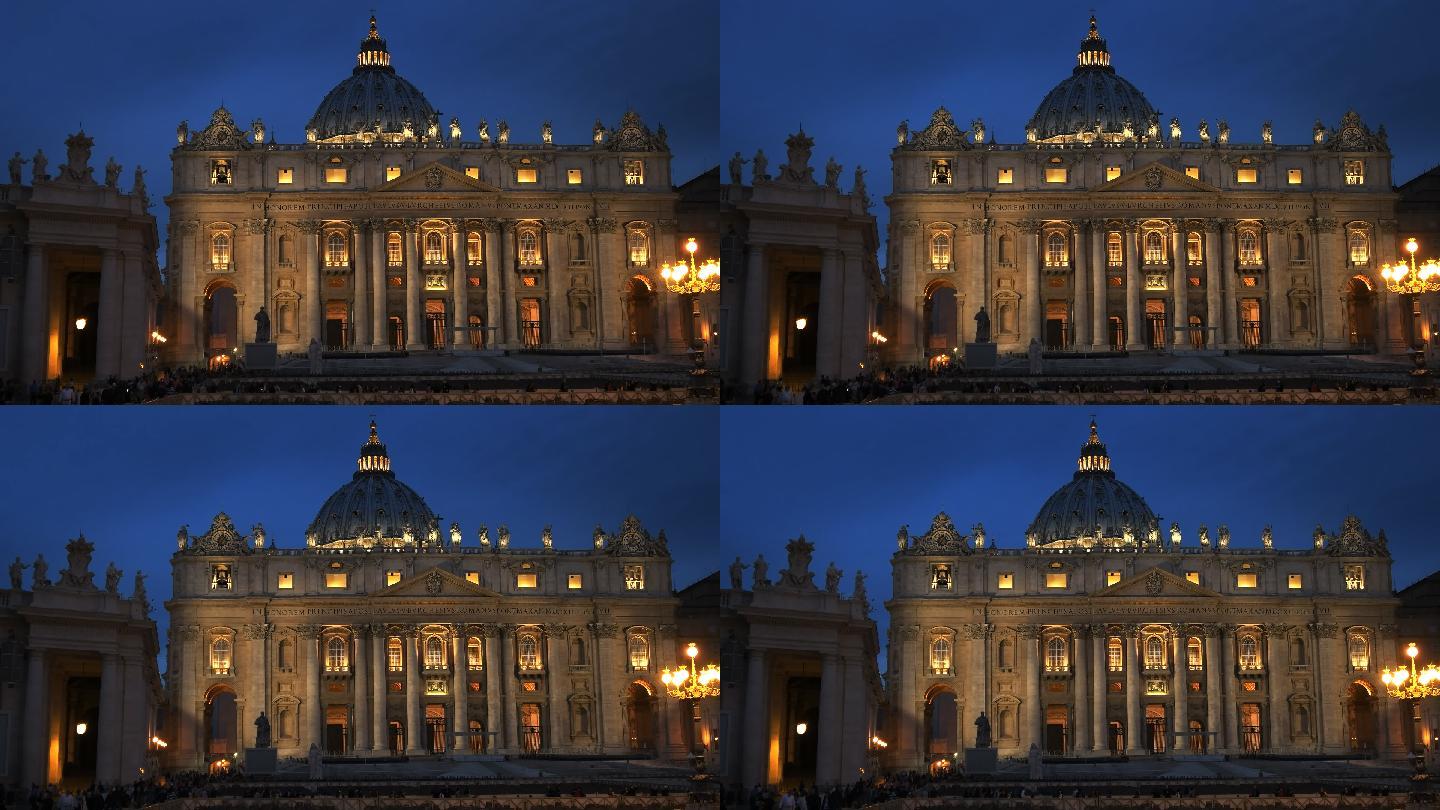 罗马圣彼得大教堂外的夜间特写