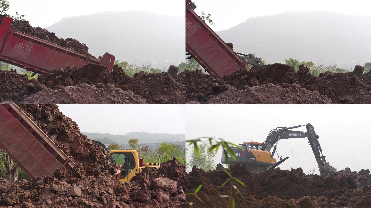 工地运渣倒土车和挖挖机