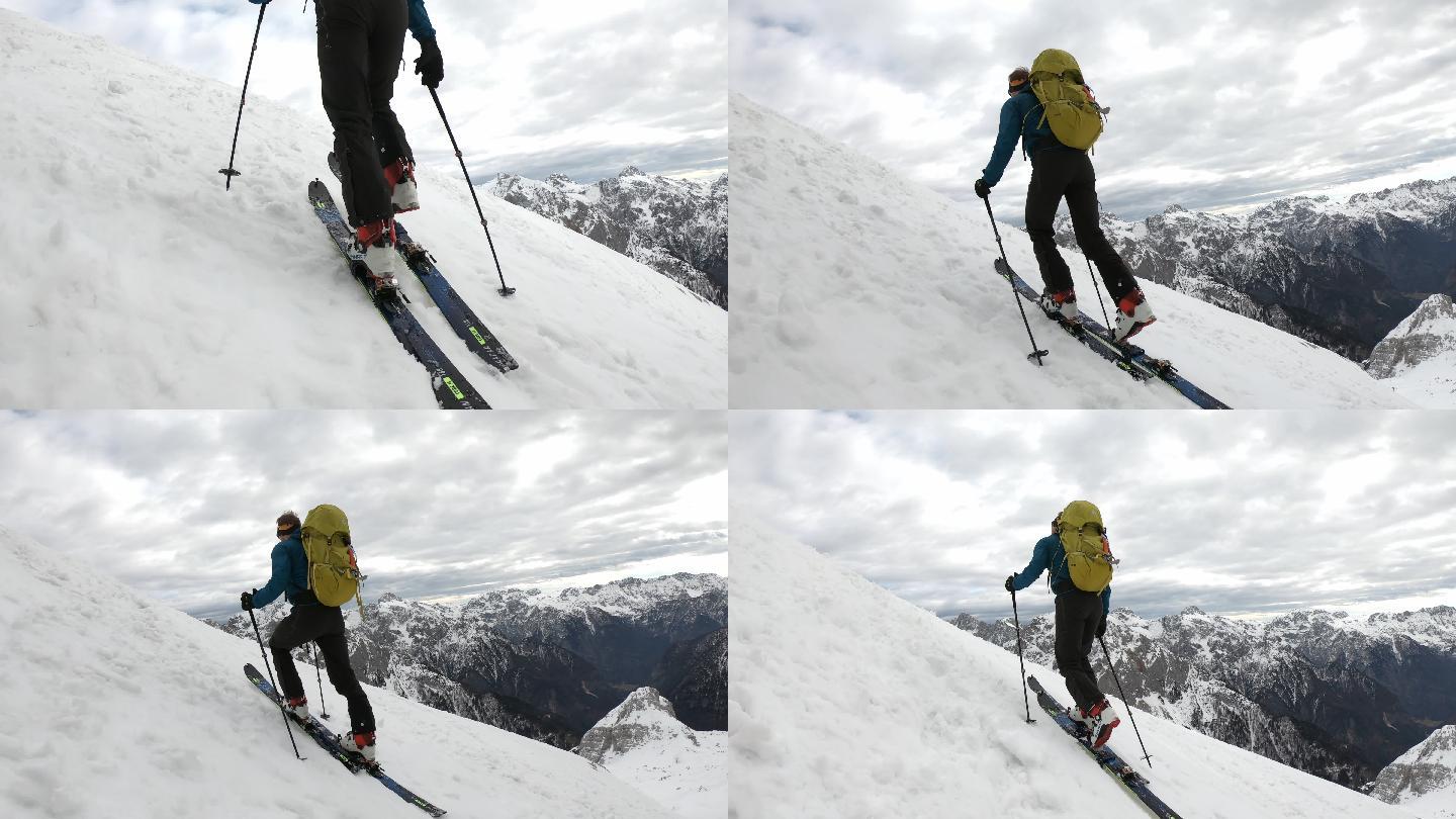 在白雪覆盖的阿尔卑斯山滑雪旅行。