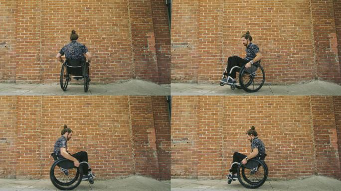 快乐的残疾人旋转轮椅