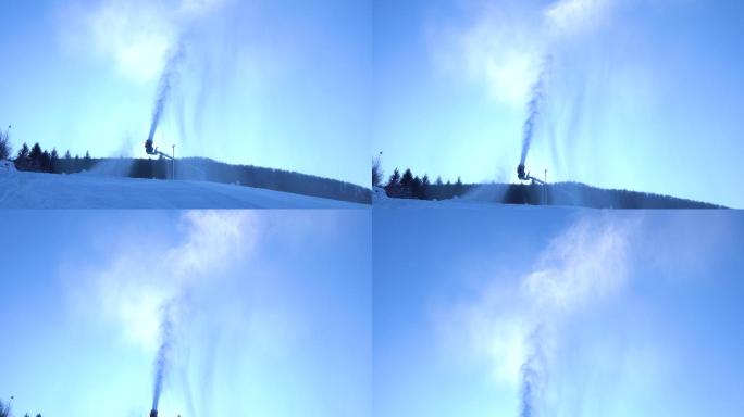 造雪机为滑雪道生成雪喷泉。