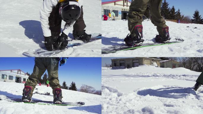 升格慢镜头滑雪场滑雪雪具滑雪板单板双板