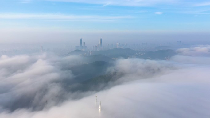 大连城市云海平流雾航拍云端之上4K