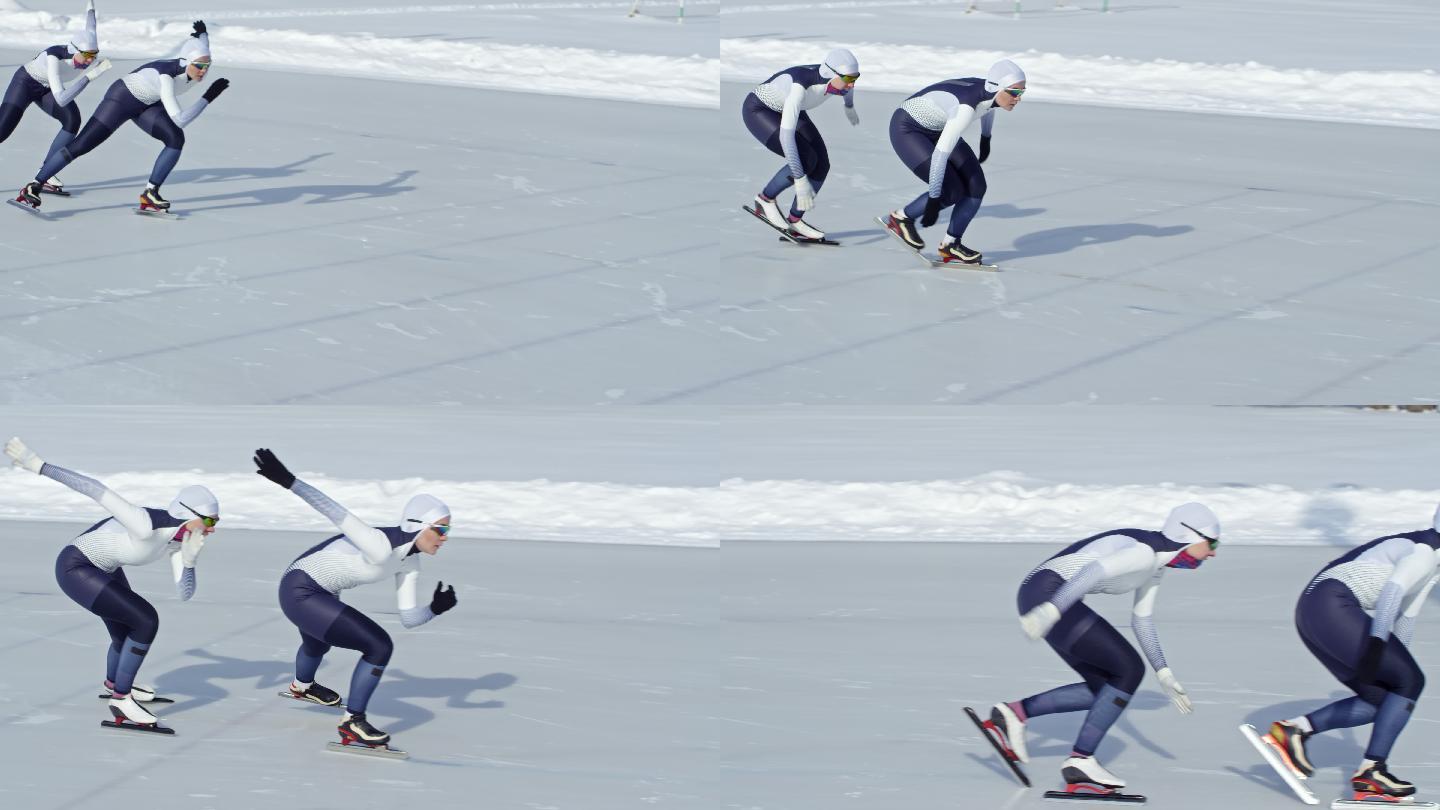 两名运动员在室外溜冰场的跑道上练