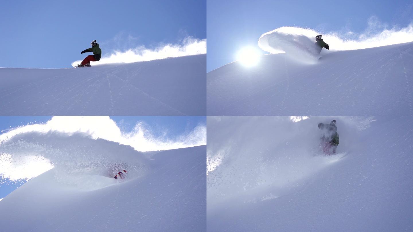 单板滑雪新雪转。用超级慢动作拍摄。