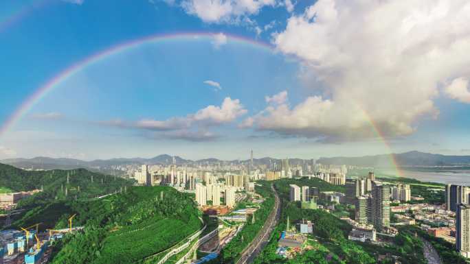 4k延时深圳市区雨后彩虹蓝天白云