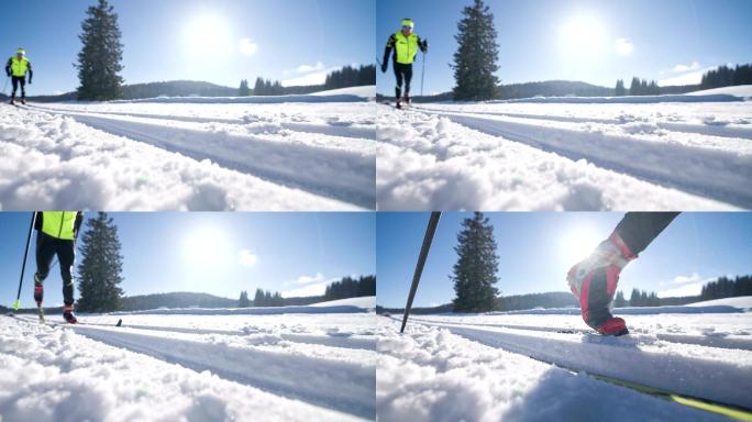 越野滑雪运动员慢镜头特写白雪雪橇