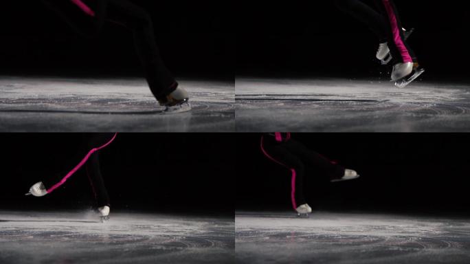 穿着冰鞋的双腿在冰上跳起并落地
