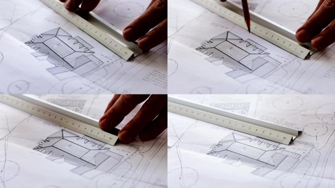 建筑师的房屋平面图上测量尺寸的极端特写