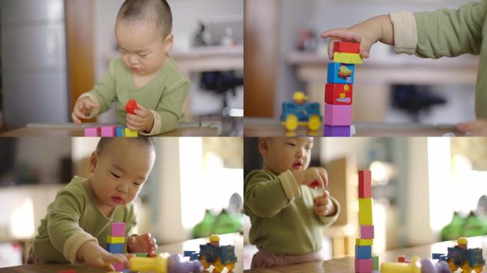 一岁半婴儿玩积木-婴儿玩耍-盖楼