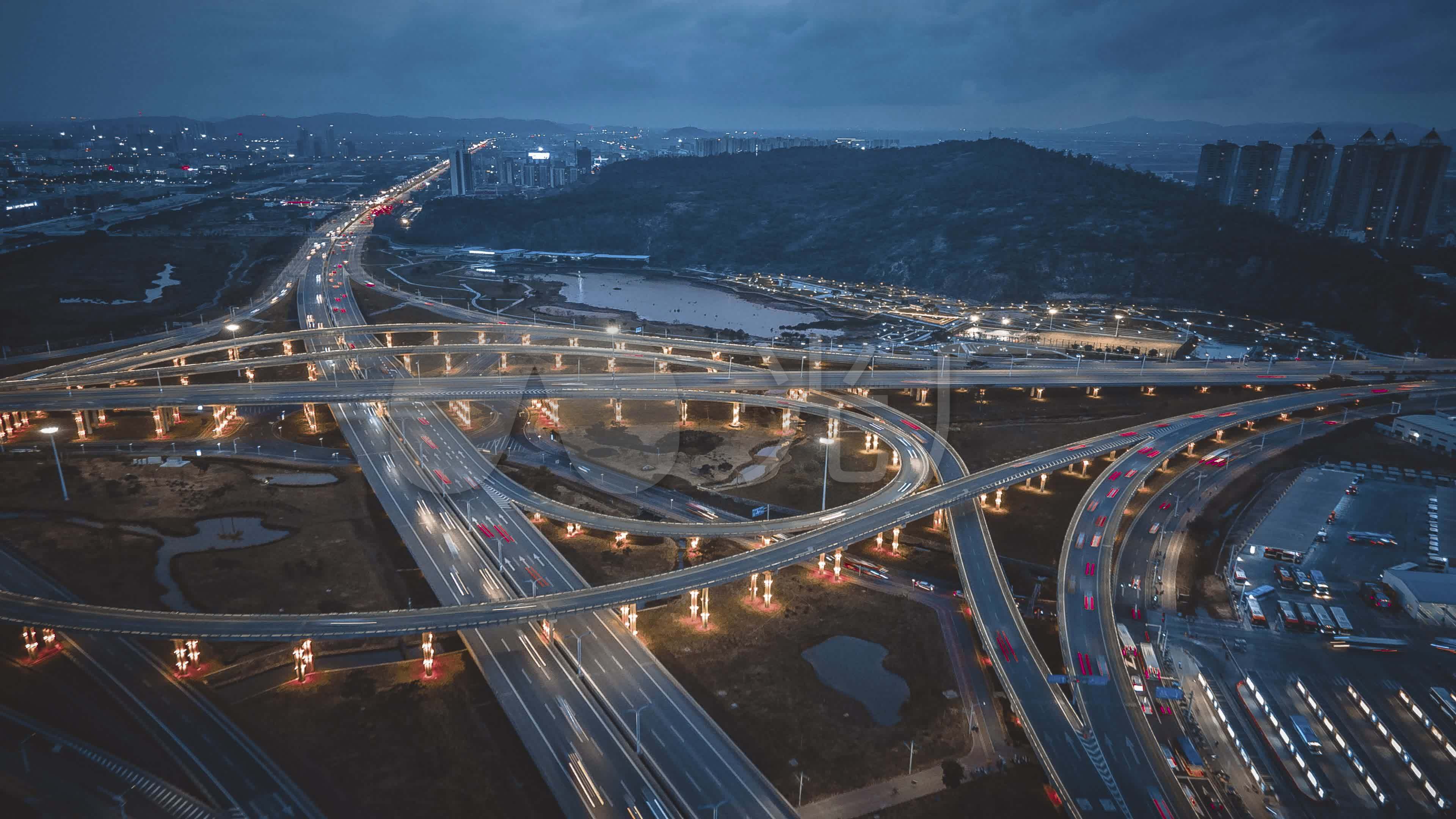 航拍立交车流夜景延时城市交通