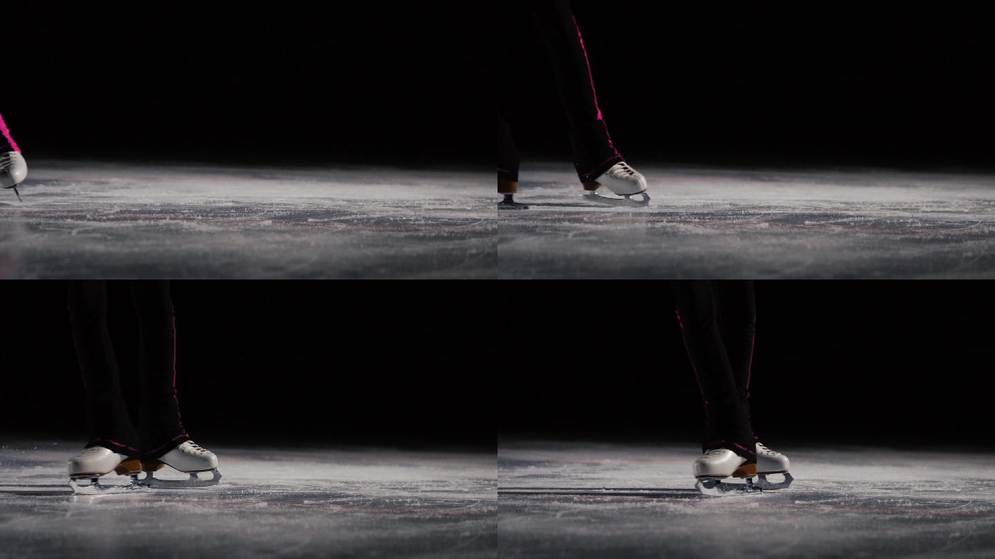 镜头在冰鞋后面动态移动。