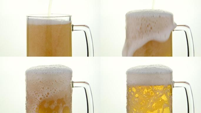 特写镜头：将啤酒倒在啤酒杯