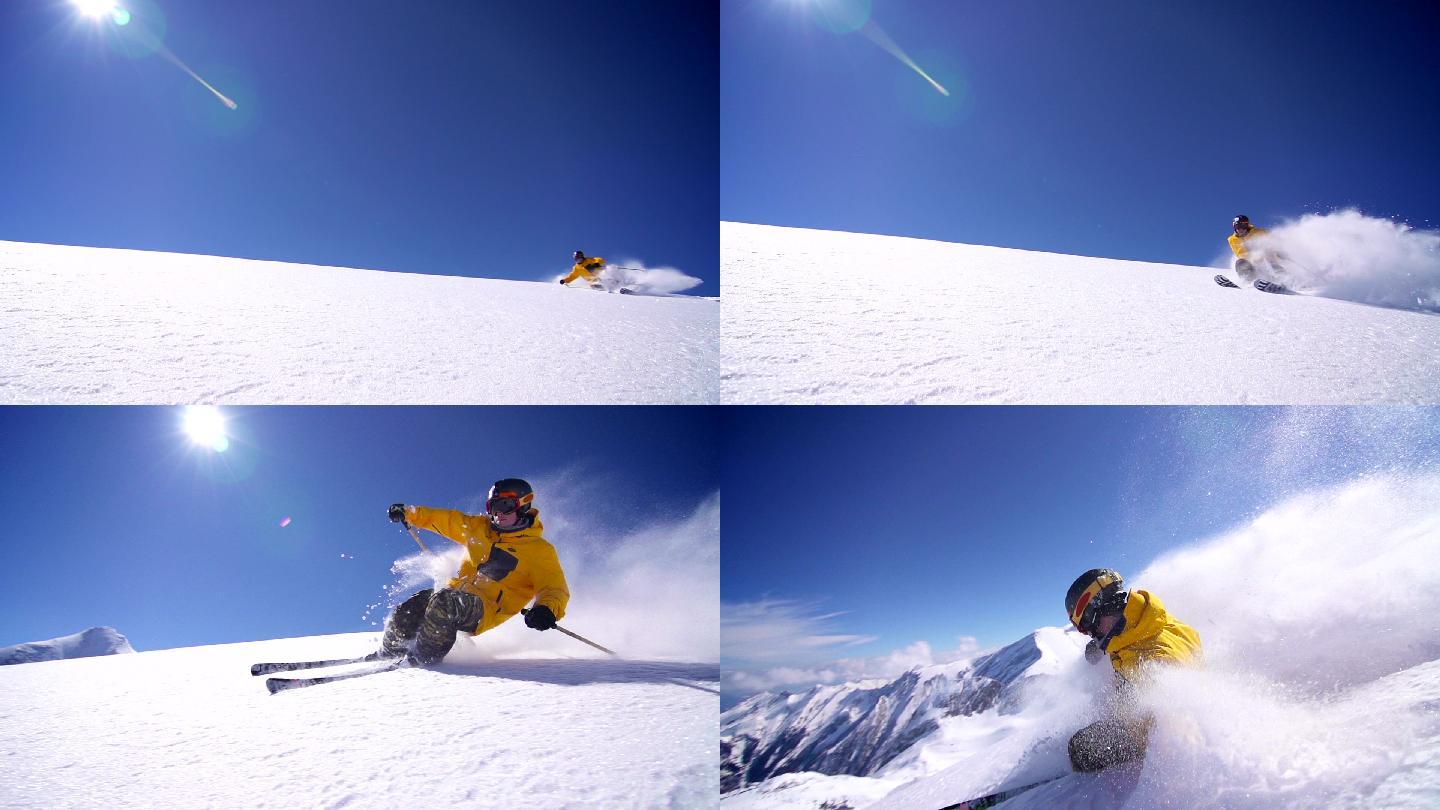 自由滑雪粉滑雪。慢动作拍摄。
