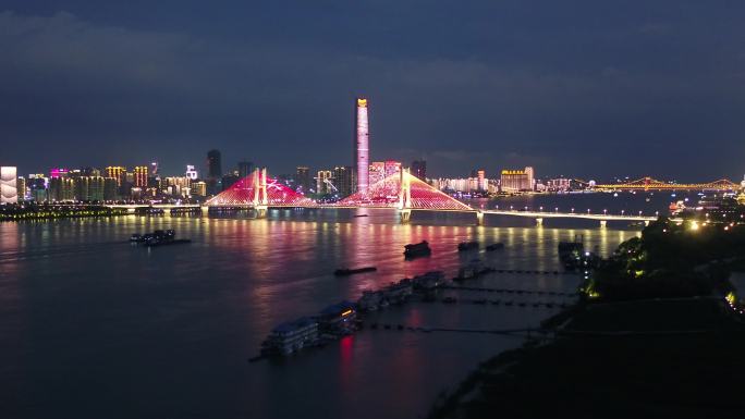 武汉江边夜景灯光秀航拍4K视频