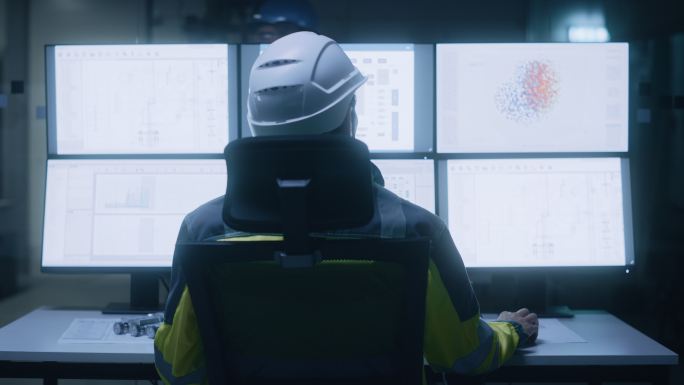设施操作员使用计算机屏幕显示机械控制操作