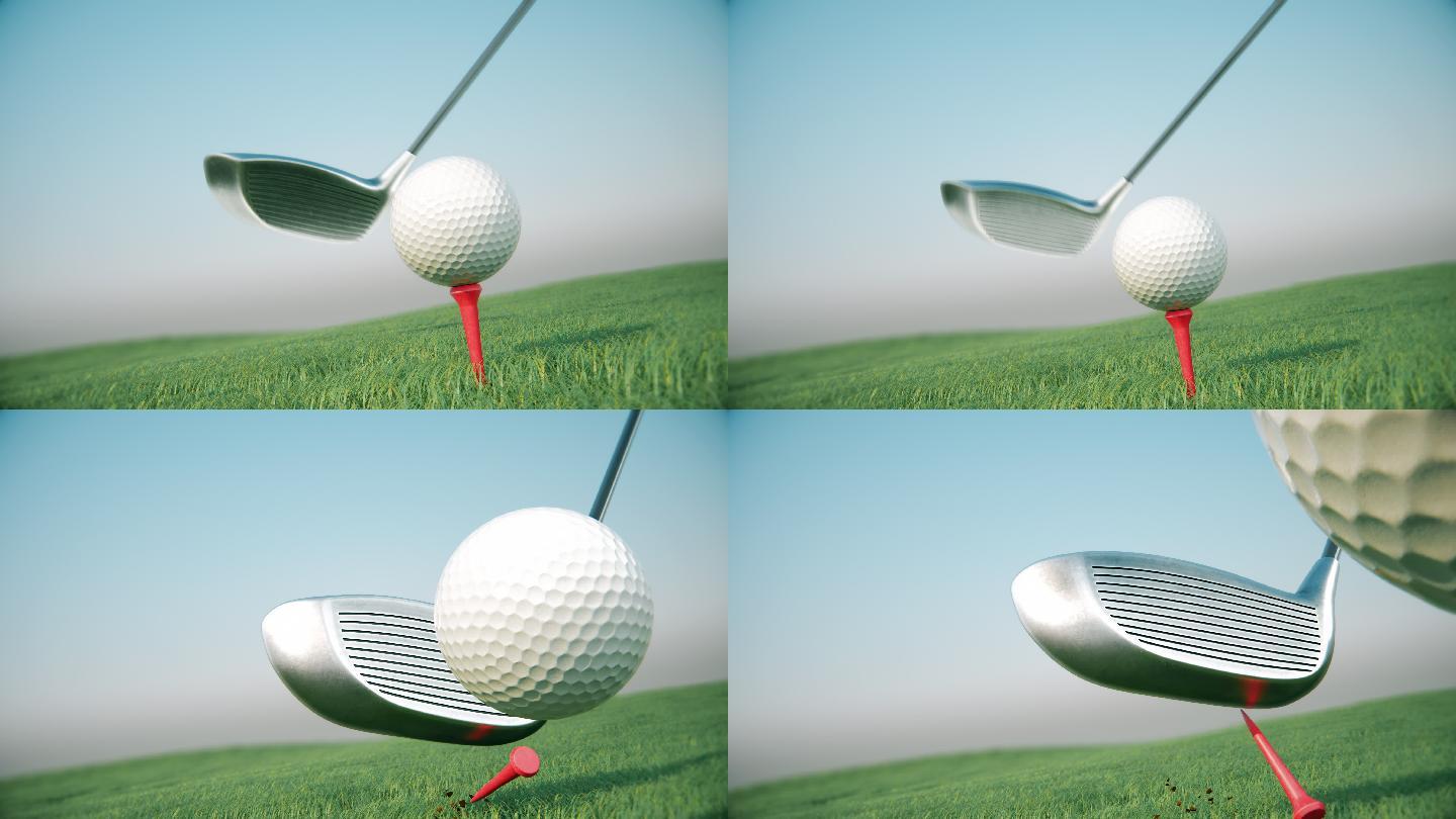 高尔夫球杆以慢动作击球。3D动画