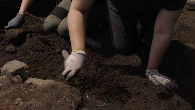 考古学家手在考古现场挖掘的特写镜头