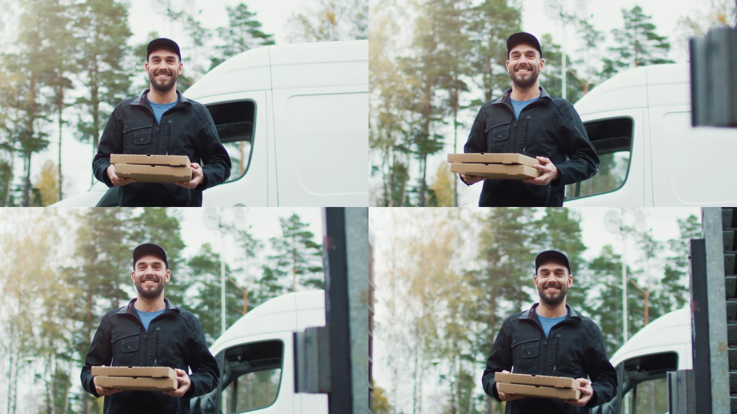 微笑的披萨送货员送外卖笑容男性