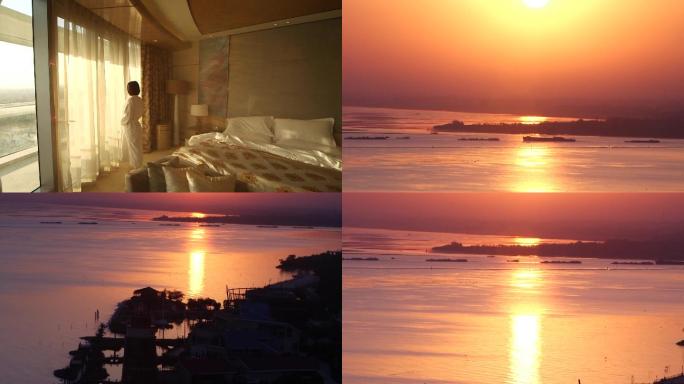 清晨美女在酒店起床欣赏太湖日出美景