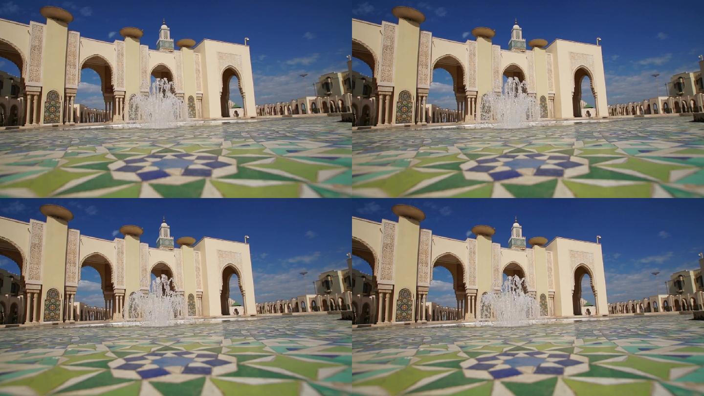 摩洛哥哈桑二世清真寺喷泉和建筑