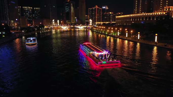 4K航拍北安桥大沽桥海河游船夜景6个画面