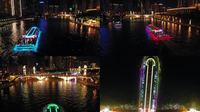 4K航拍北安桥大沽桥海河游船夜景6个画面