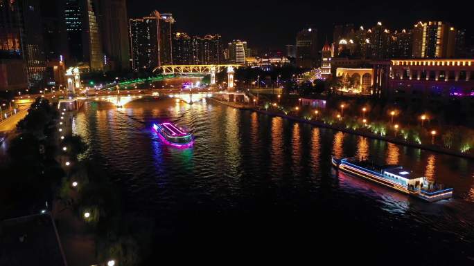 4K航拍大沽桥海河文化广场游船夜景6画面