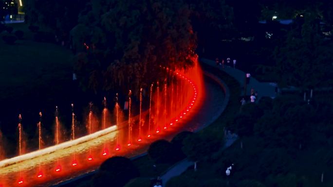 航拍西安大明宫遗址公园喷泉表演