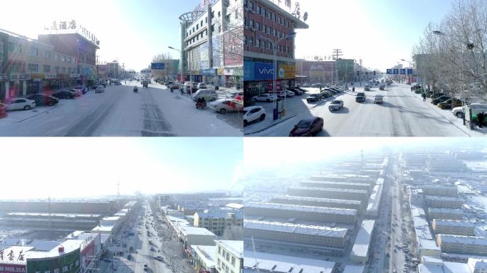 冬季雪地城市街道广阔航拍空镜