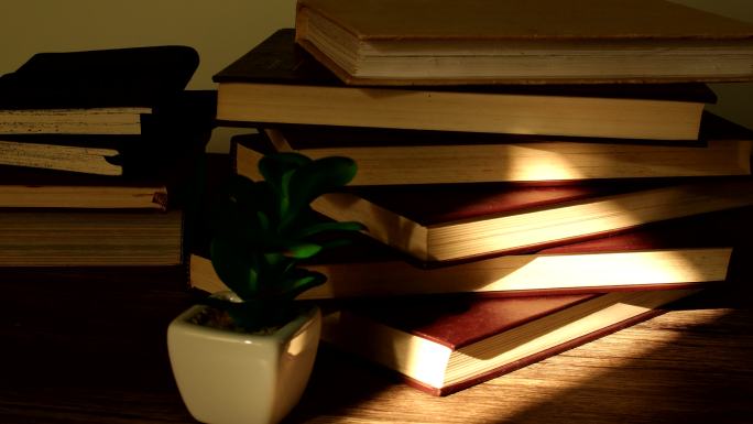 阳光和成堆的书随着时间流逝