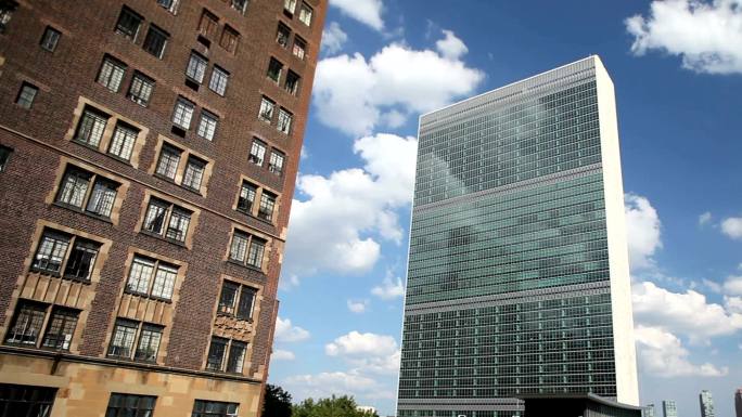 联合国大楼美国都市延时摄影蓝天白云