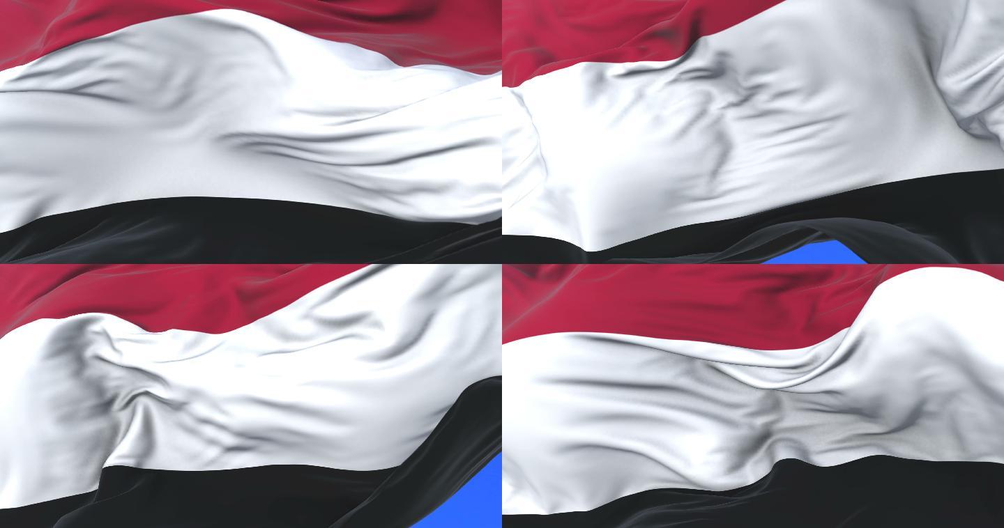 也门国旗随风飘扬起伏吹拂彩旗