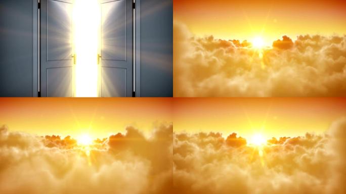 天堂之门打开了。开门动画云朵翱翔太阳光明