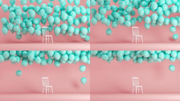 蓝色的气球漂浮在粉红色背景的房间里
