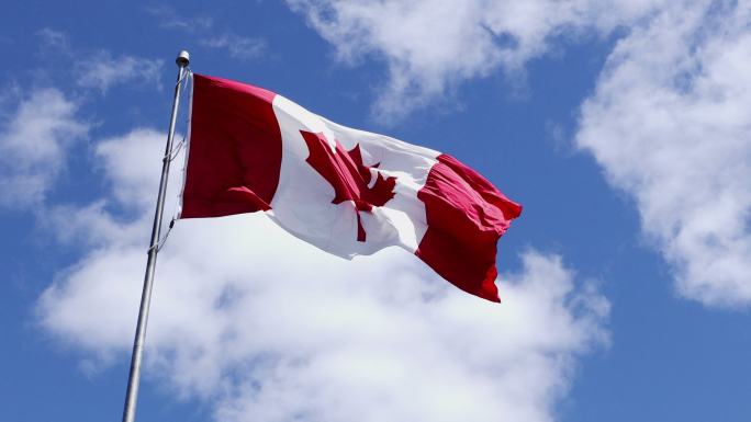 加拿大国旗在云层背景下飘扬