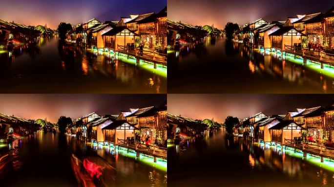 中国南方古镇的夜间延时。