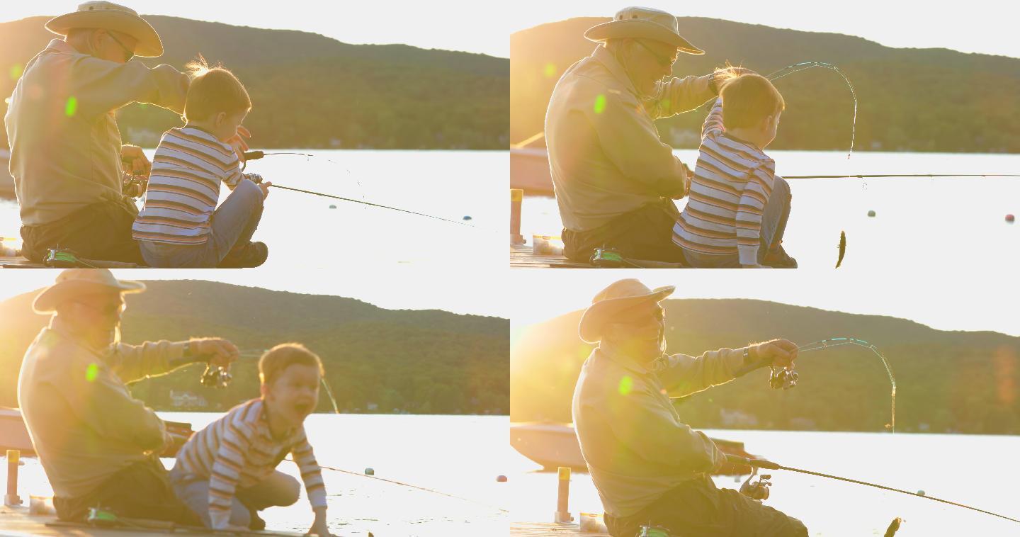 祖父和孙子在钓鱼国外爷孙两人休闲垂钓兴趣