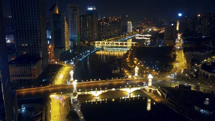 天津海河夜景航拍城市繁华灯光
