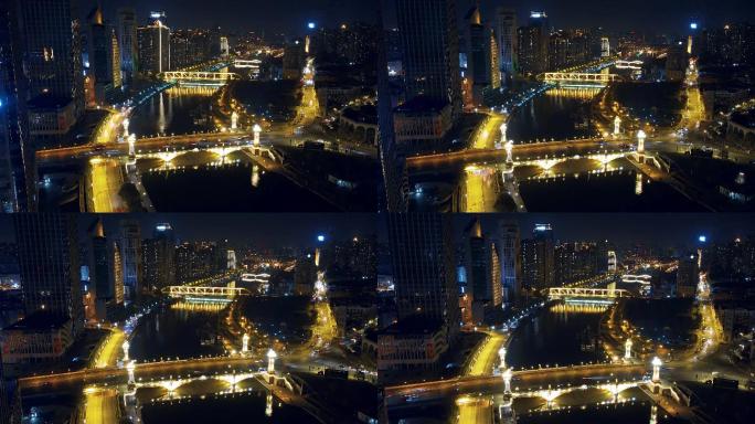 天津海河夜景航拍城市繁华灯光